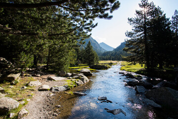 Young hiker woman in Vall de Boi, Aiguestortes and Sant Maurici National Park, Spain
