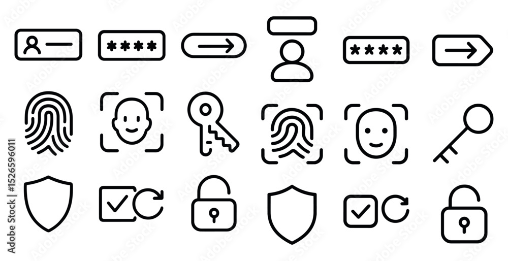 Poster security icons set featuring biometrics, locks, and authentication elements for digital design