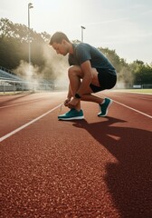 Man Tying Shoes on Running Track at Sunrise