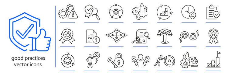 good practices icons, quality icon set, standards policy simple symbols, linear vector illustration, outline editable stroke