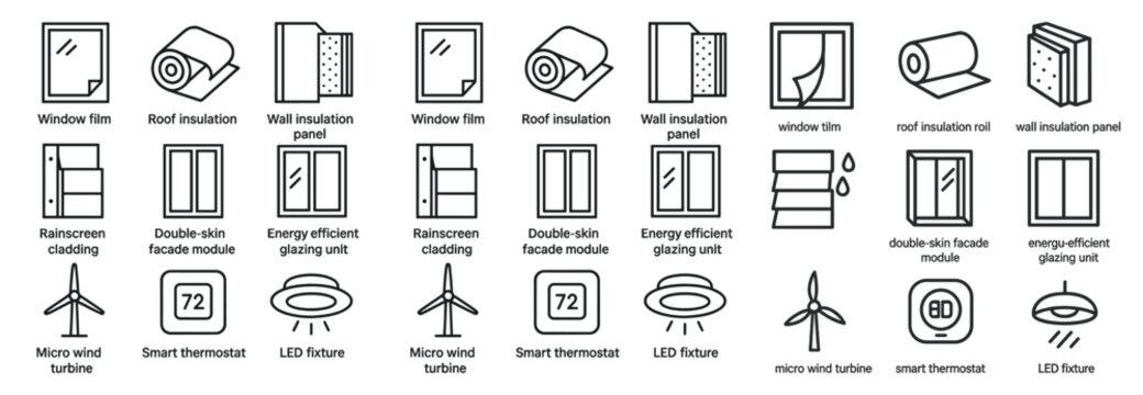 Energy efficient building elements and sustainable technology icons for design projects