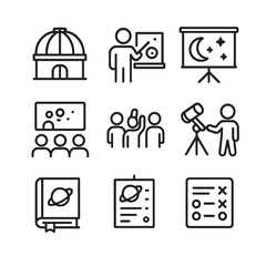 Astronomy Education Icons. Outline icon set of astronomy education: planetarium dome, lecturer pointer, projection screen, lecture
