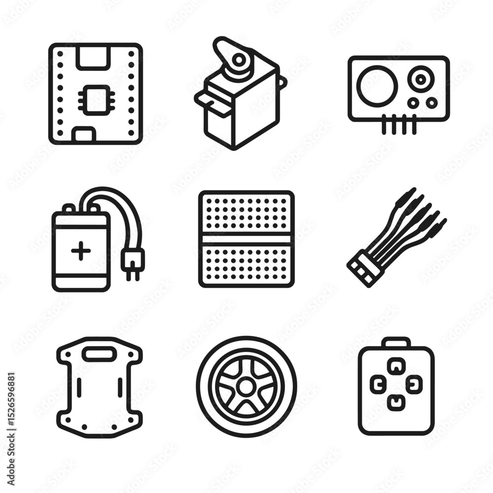 Aufkleber beginner robotics icon set. outline icon set of beginner robotics kits: microcontroller board, servo