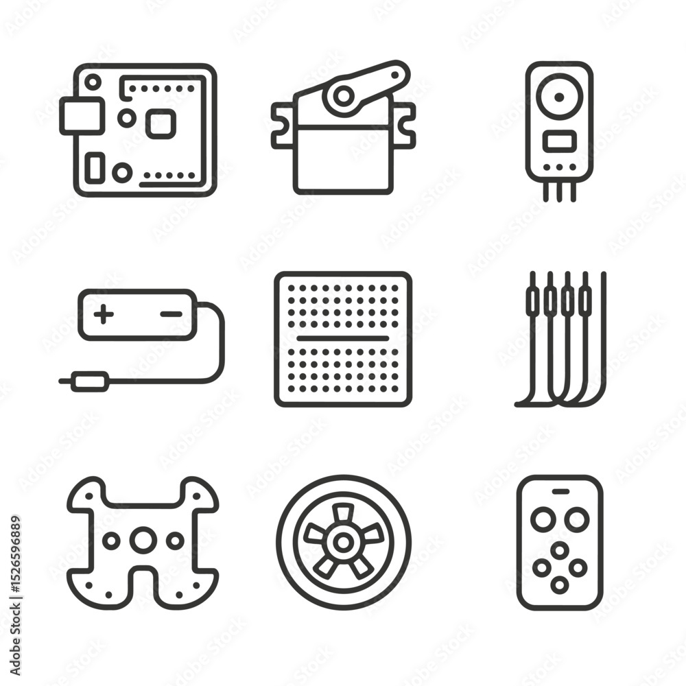 Poster beginner robotics icon set. outline icon set of beginner robotics kits: microcontroller board, servo