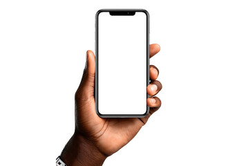 Black hand holding smartphone with blank white screen, On Transparent Background