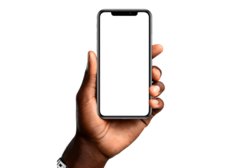 Black hand holding smartphone with blank white screen, On Transparent Background