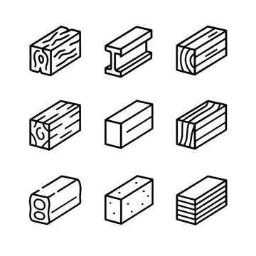 Beam Material Icons. Outline icon set of beam materials and finishes: reclaimed timber, steel I-beam, glulam beam, rough-sawn oak,