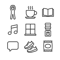 Break Activity Icons. Outline icon set of break activities: stretching, coffee cup, book, music note, window view, water cooler,
