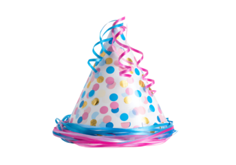 Festive party hat with pink and blue ribbons colorful dots, On Transparent Background