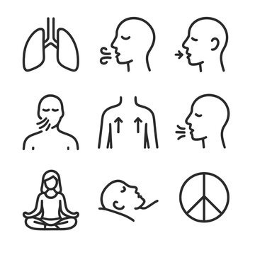Breathing Meditation Icons. Outline icon set of breathing meditation: lungs, breath, inhale, exhale, calm, meditation, relaxation,