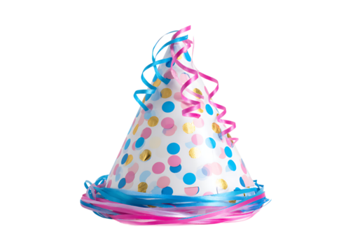 Festive party hat with pink and blue ribbons colorful dots, On Transparent Background