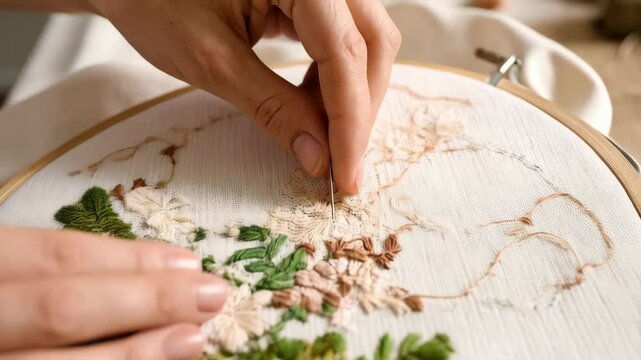Woman's hands stitching a floral pattern with a needle onto an embroidery hoop, craft project