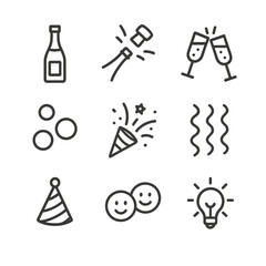 Champagne Celebration Icons. Outline icon set of champagne celebration: champagne bottle, popping cork, clinking flutes, bubbly