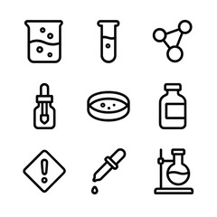 Chemical Icons Grid. Outline icon set of chemicals: beaker flask, test tube, molecule structure, dropper bottle, petri dish,