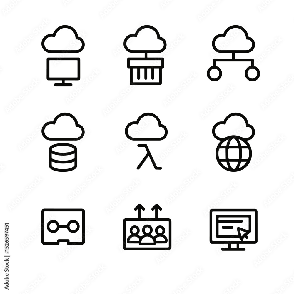 Poster cloud computing icons. outline icon set of cloud computing services: virtual machine, container, loa