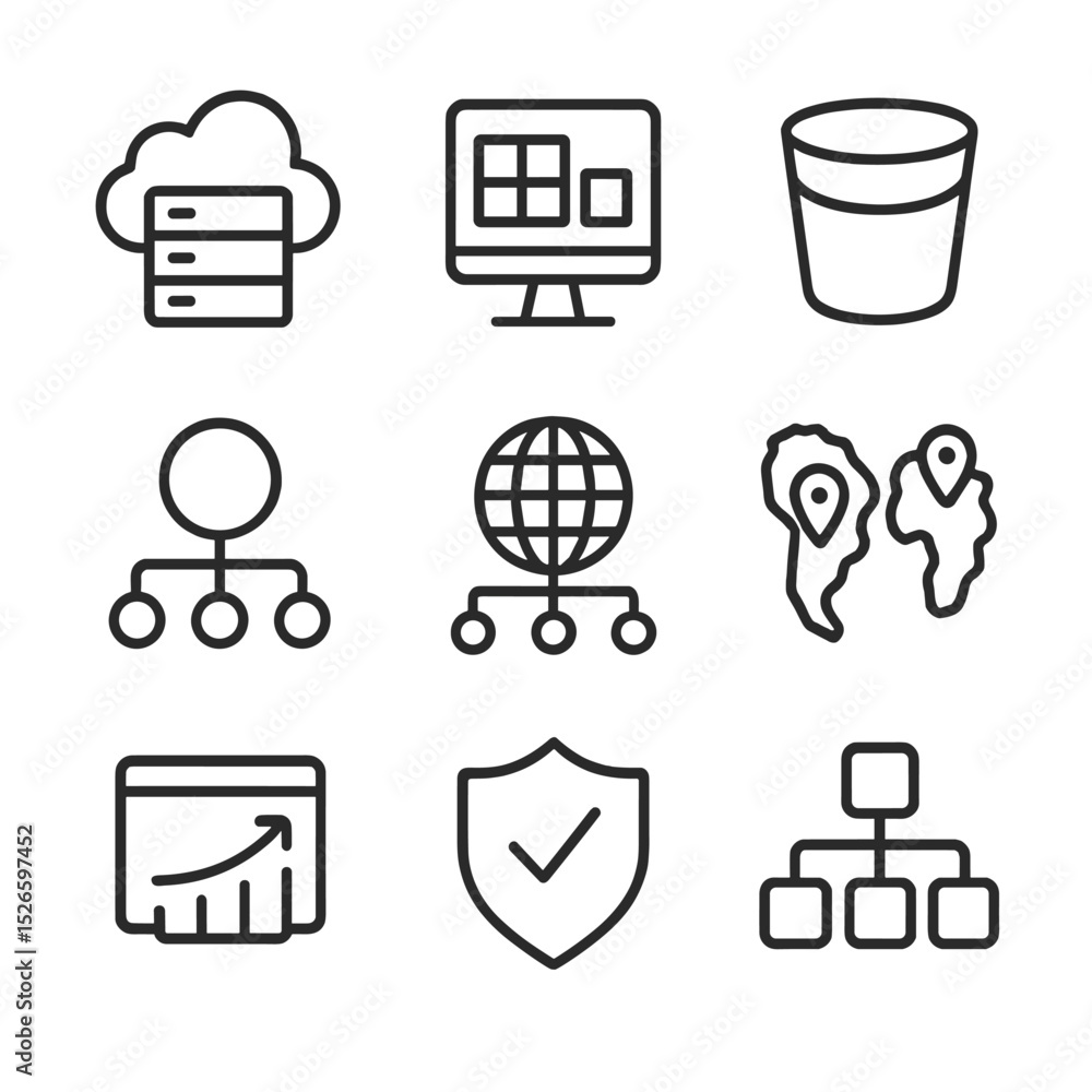 Poster cloud computing icons. outline icon set of cloud computing adoption: cloud server, virtualization ho