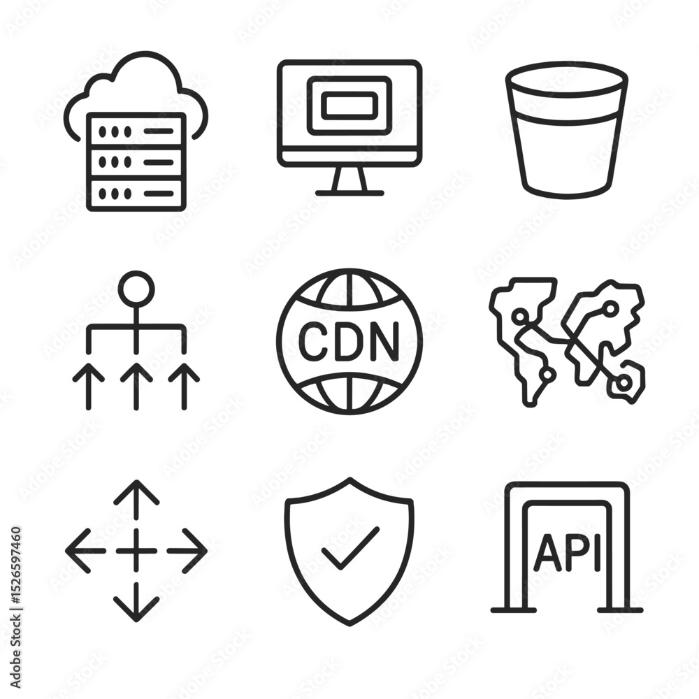 Poster cloud computing icons. outline icon set of cloud computing adoption: cloud server, virtualization ho