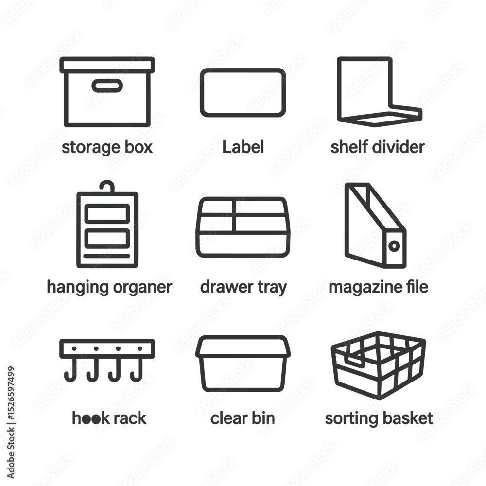 Poster clutter organizing icons. outline icon set of clutter organizing scene: storage box, label sticker, 