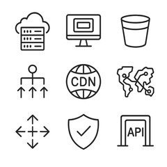 Cloud Computing Icons. Outline icon set of cloud computing adoption: cloud server, virtualization host, storage bucket, load
