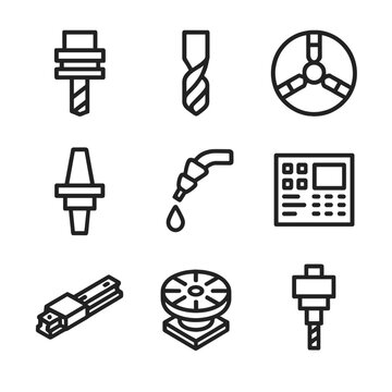CNC Machining Icon Set. Outline icon set of CNC machining operations: milling cutter, drill bit, lathe chuck, tool holder, coolant