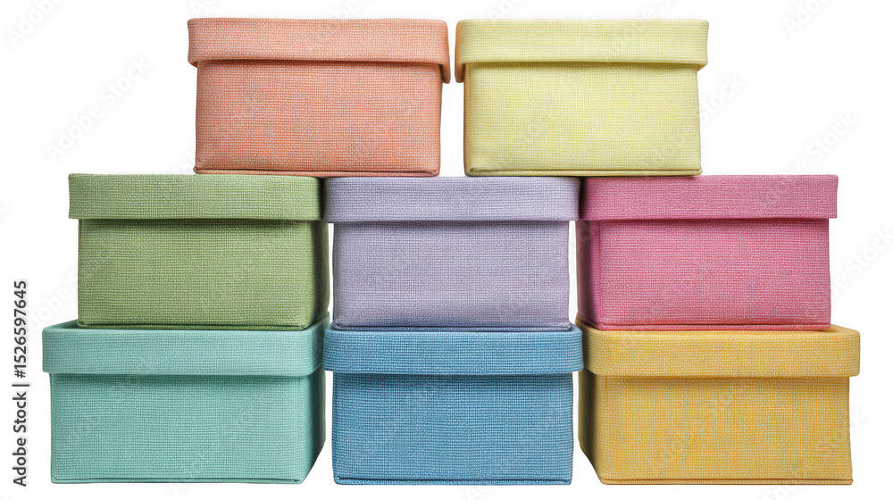 Poster eight colorful fabric storage boxes are neatly stacked on top of each other, creating a vibrant and 