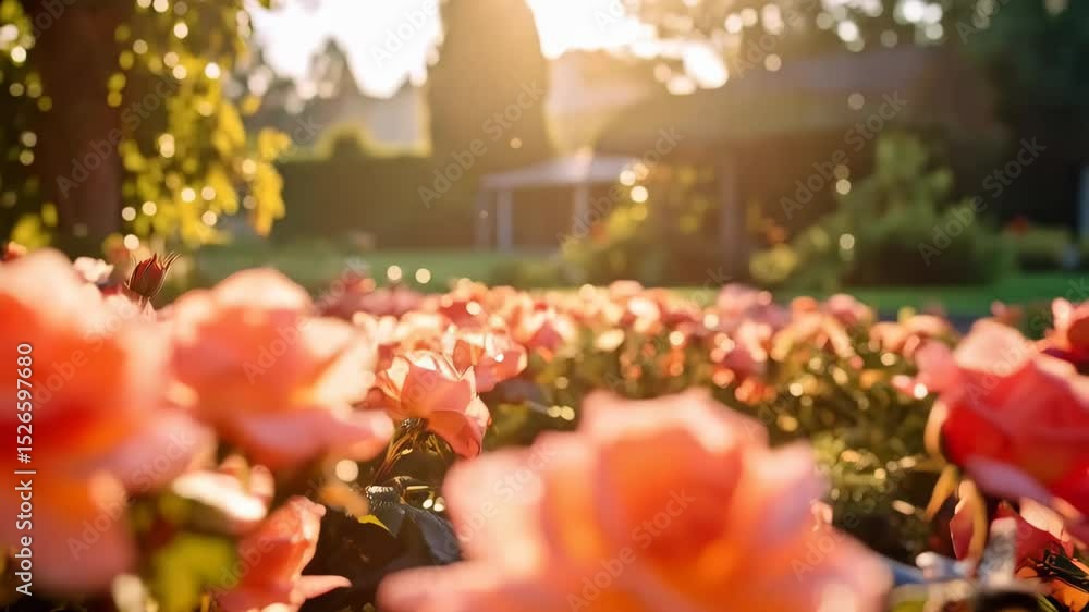 Poster warm light on a field of blooming coral roses in a garden setting with soft focus background showing