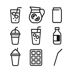 Cold Beverage Icons. Outline icon set of cold beverages: iced tea glass, lemonade pitcher, soda can, smoothie cup, iced latte,
