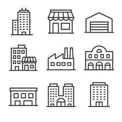 Commercial Real Estate Icons. Outline icon set of commercial real estate: office tower, retail storefront, warehouse, mixed-use