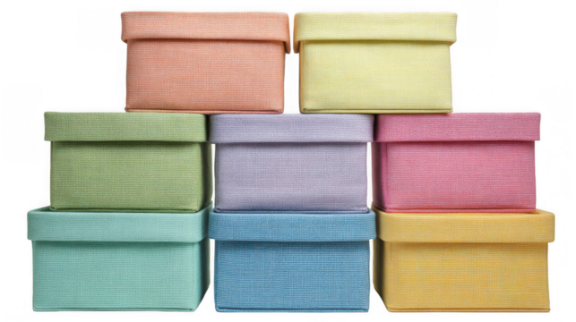 Eight colorful fabric storage boxes are neatly stacked on top of each other, creating a vibrant and organized arrangement against a transparent background