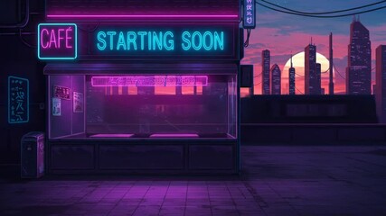 stream starting soon screen, overlay loop, animated virtual backgrounds, cozy lo-fi cafe Japanese town view. vtuber asset twitch zoom OBS, anime chill hip hop. purple colours manga style
