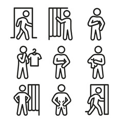 Fototapeta premium Customer Actions Icons. Outline icon set of customer actions: entering room, closing curtain, hanging clothes, checking fit,