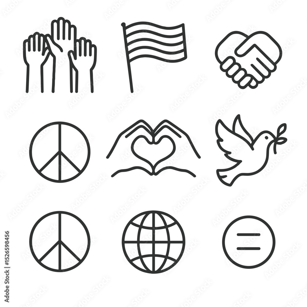 Poster diversity unity icons. outline icon set of diversity and unity rally: raised multicolored hands, rai