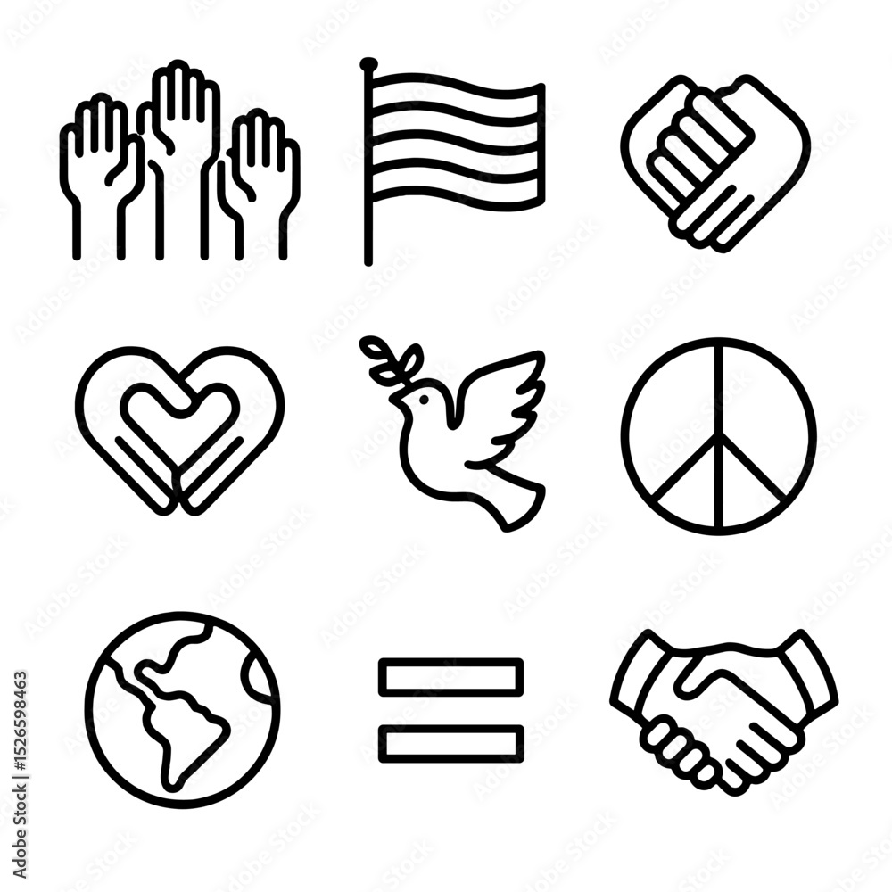 Poster diversity unity icons. outline icon set of diversity and unity rally: raised multicolored hands, rai