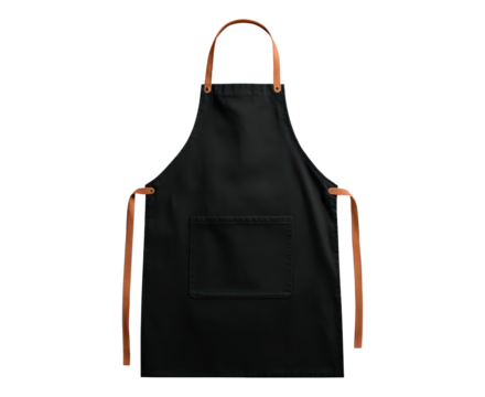 Black cooking apron with brown straps for culinary use and kitchen fashion on transparent background, PNG