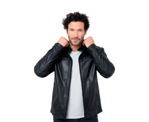 Confident man in black leather jacket adjusting collar on transparent background, PNG