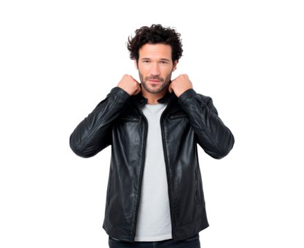 Confident man in black leather jacket adjusting collar on transparent background, PNG