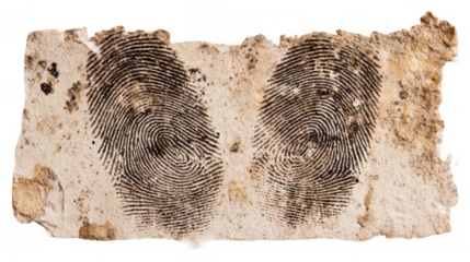 Two distinct fingerprints are prominently displayed on a piece of weathered and stained paper, set against a transparent background, suggesting a forensic or mystery concept