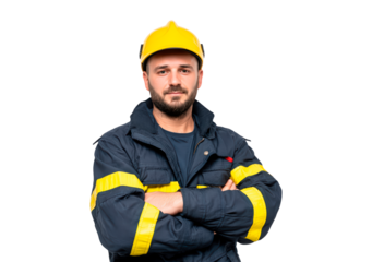 Confident firefighter in protective uniform and yellow helmet isolated on transparent background, PNG