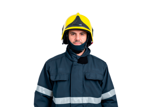 Professional firefighter portrait in full uniform with helmet against on transparent background, PNG