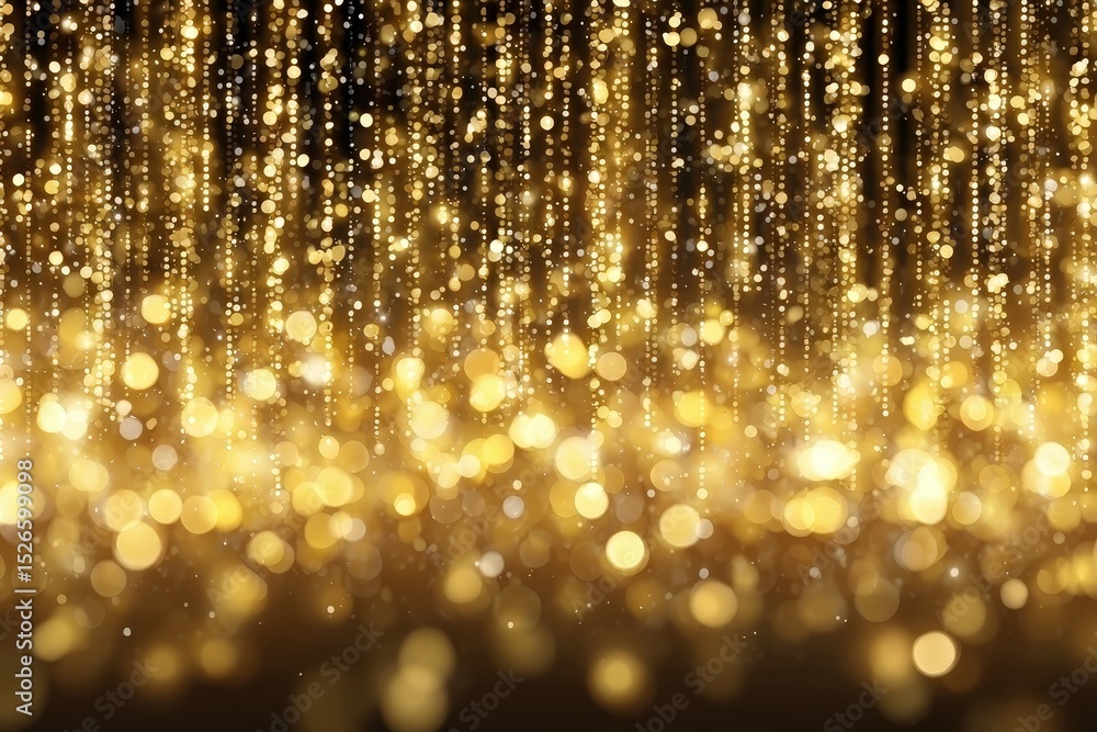 Poster golden bokeh lights cascade vertically, creating a sparkling, festive, and elegant atmosphere with a