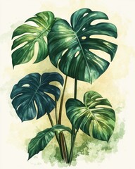 Watercolor Monstera Plant with Textured Leaves and Painted Details on Light Yellow Background