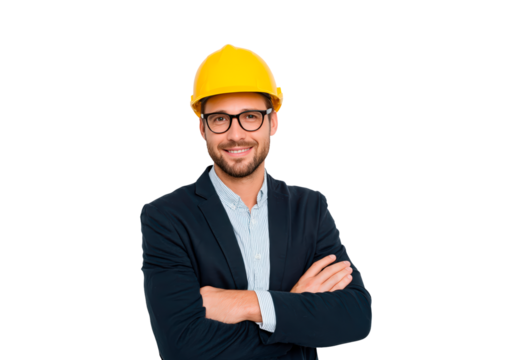 Confident architect with yellow hard hat and glasses, professional portrait for business and engineering themes on transparent background, PNG - Powered by Adobe