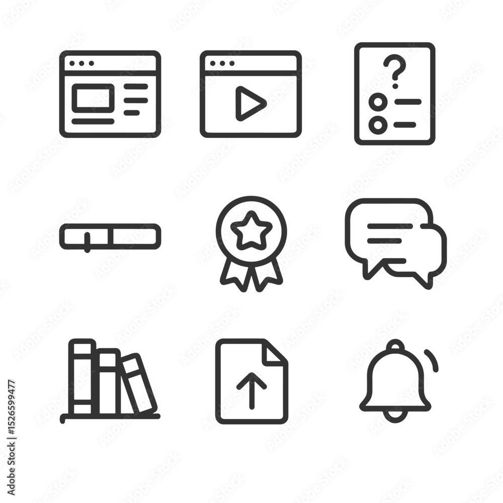 Poster e-learning icon set. outline icon set of e-learning platforms: course dashboard, video player, quiz 