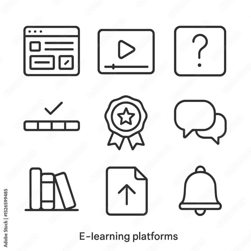 Poster e-learning icon set. outline icon set of e-learning platforms: course dashboard, video player, quiz 