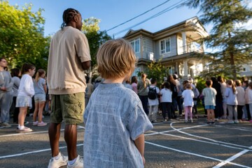 A young boy stands in the foreground, observing a diverse crowd gathering in a vibrant outdoor setting, indicative of community and social interaction among people.