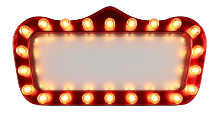 Glowing vintage movie theater marquee sign with classic bulbs isolated on a transparent background