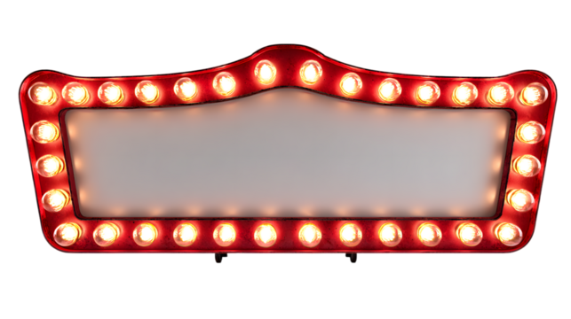 Glowing vintage movie theater marquee sign with classic bulbs isolated on a transparent background