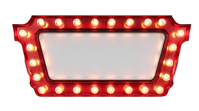 Glowing vintage movie theater marquee sign with classic bulbs isolated on a transparent background