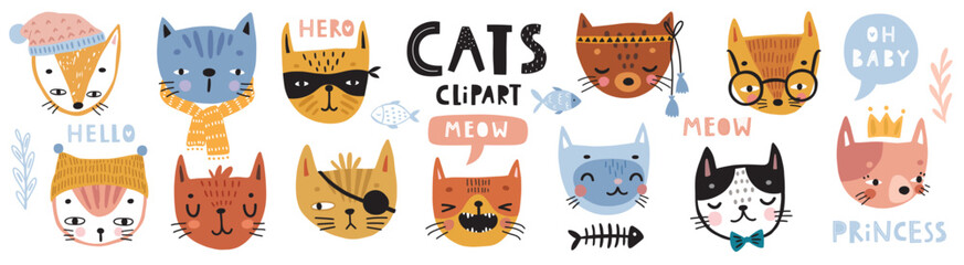 Cute kittens and letterings. Childish prints with different emotions - joy, anger, happiness and others. Vector illustration.