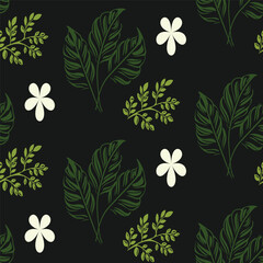 Green, white, and black seamless pattern. This tropical design combines detailed leaves with simple plumeria flowers, ideal for summer fashion and wallpaper.